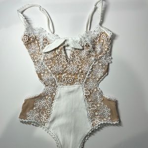Laced white and tan mesh bodysuit, size small